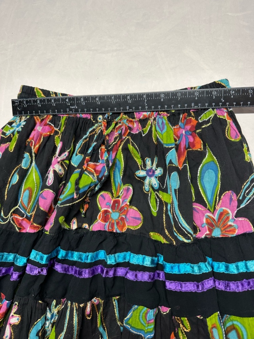 VTG Silver Dream Boho Tiered Ribbon Floral Maxi Skirt One Size - Picture 5 of 6